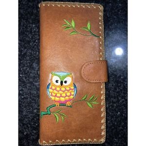 LAVISHY COLORFUL OWL ON A BRANCH EMBROIDERED LG WALLET VEGAN FAUX LEATHER BROWN